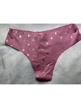 VICTORIA'S SECRET L LARGE NO SHOW THONG PANTY PINK SILVER LOGO NWT